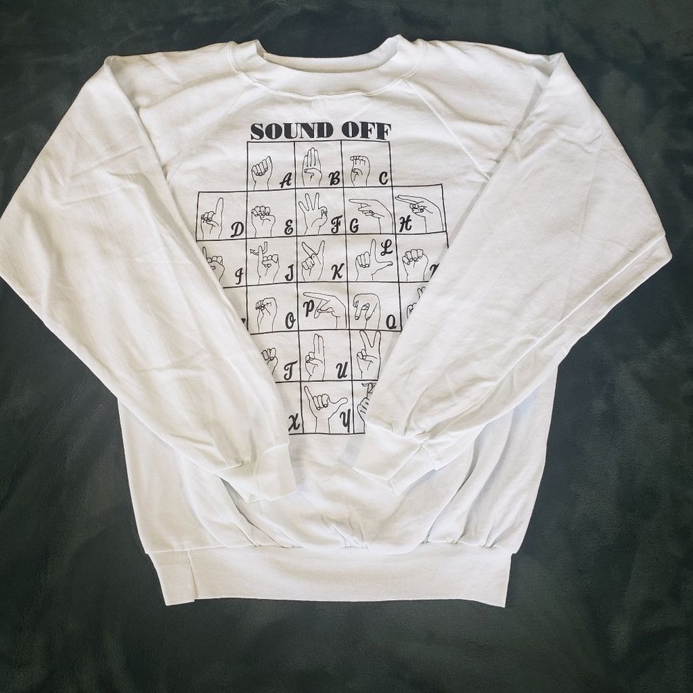 Vintage 90s Sound Off Sign Language Alphabeted White Small Made in USA Sweater